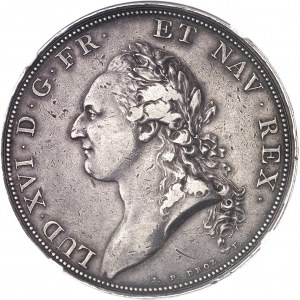 Louis XVI (1774-1792). Essai de l'écu par Droz ou écu de Calonne, tranche à six viroles, au grand buste et listel d’avers perlé, Flan bruni (PROOF) 1786, A, Paris.