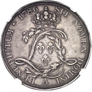 Louis XVI (1774-1792). Essai de l'écu par Droz ou écu de Calonne, tranche à six viroles, au grand buste et listel d’avers perlé, Flan bruni (PROOF) 1786, A, Paris.