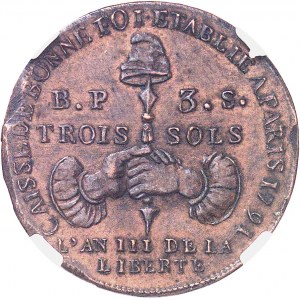 Constitution (1791-1792). Trois sols, caisse de Bonne Foi 1791, An III, Paris.