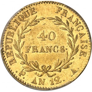 Consulat (1799-1804). 40 francs Bonaparte, Premier Consul, grènetis normal avec olive An 12, A, Paris.