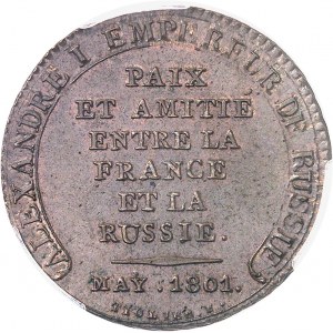 Consulat (1799-1804). Essai monétaire à l’amitié entre la France et la Russie, au module de 2 francs, 2e type, par Tiolier 1801, Paris.