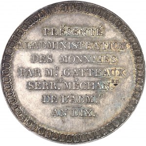 Consulat (1799-1804). Essai de frappe en virole pleine, en argent, au module de 5 francs, par Gatteaux An 10 (1801-1802), Paris.