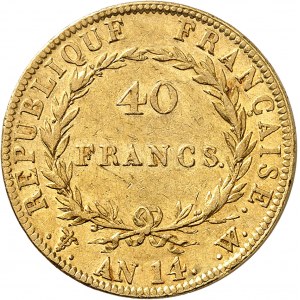 Premier Empire / Napoléon Ier (1804-1814). 40 francs tête nue, calendrier révolutionnaire An 14, W, Lille.