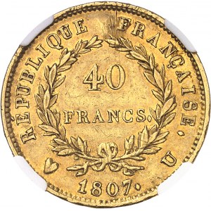 Premier Empire / Napoléon Ier (1804-1814). 40 francs type transitoire, tête nue 1807, U, Turin.