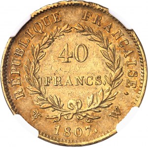 Premier Empire / Napoléon Ier (1804-1814). 40 francs type transitoire, tête nue 1807, W, Lille.