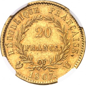 Premier Empire / Napoléon Ier (1804-1814). 20 francs type transitoire, grosse tête 1807, U, Turin.
