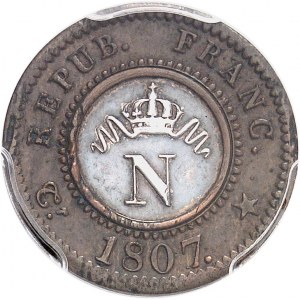 Premier Empire / Napoléon Ier (1804-1814). Essai de 10 centimes à l’N couronnée, bimétallique 1807, Paris.