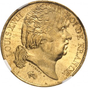 Louis XVIII (1814-1824). 20 francs tête nue 1824, W, Lille.