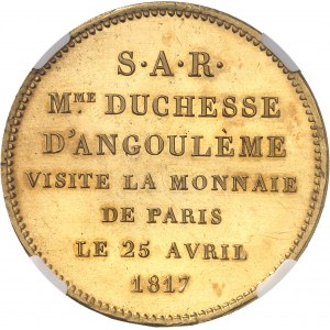Louis XVIII (1814-1824). 5 francs au buste couronné en Or, visite de la duchesse d’Angoulême à la Monnaie de Paris, par Tiolier, Flan bruni (PROOF) 1817, A, Paris.