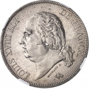 Louis XVIII (1814-1824). 5 francs buste nu 1822, W, Lille.