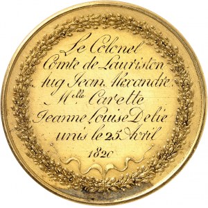Louis XVIII (1814-1824). Médaille d’Or, mariage du colonel comte de Lauriston et de Mlle Carette, par R. Gayrard 1820, Paris.