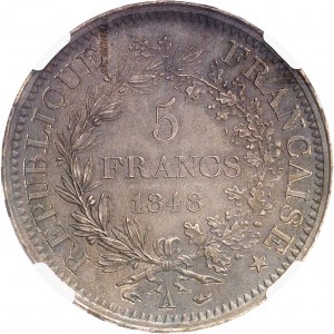 IIe République (1848-1852). Essai de 5 francs Hercule en bronze 1848, A, Paris.