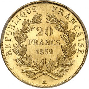 IIe République (1848-1852). 20 francs Louis-Napoléon Bonaparte 1852, A, Paris.