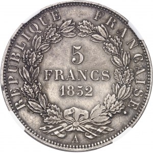 IIe République (1848-1852). 5 francs J. J. BARRE, 3e épreuve, tranche lisse 1852, A, Paris.