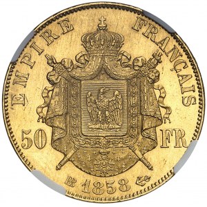 Second Empire / Napoléon III (1852-1870). 50 francs tête nue 1858, BB, Strasbourg.
