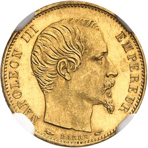 Second Empire / Napoléon III (1852-1870). 5 francs tête nue petit module, tranche lisse, d’aspect Flan bruni (PROOFLIKE) 1854, A, Paris.