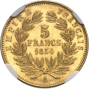 Second Empire / Napoléon III (1852-1870). 5 francs tête nue petit module, tranche lisse, d’aspect Flan bruni (PROOFLIKE) 1854, A, Paris.