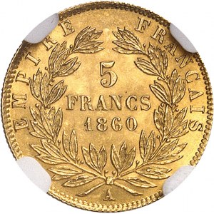 Second Empire / Napoléon III (1852-1870). 5 francs tête nue, grand module 1860, A, Paris.