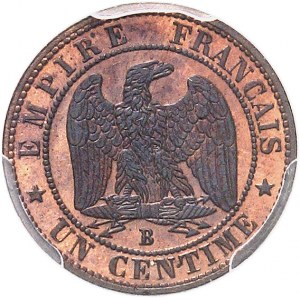 Second Empire / Napoléon III (1852-1870). 1 centime tête nue, double revers ND (1855), B, Rouen.