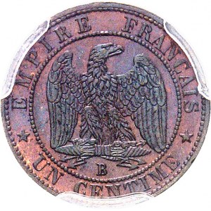 Second Empire / Napoléon III (1852-1870). 1 centime tête nue, double revers ND (1855), B, Rouen.