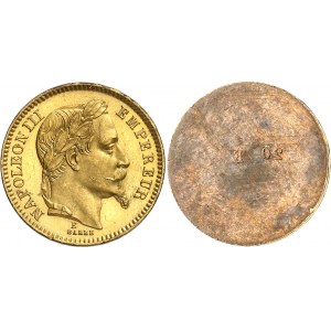 Second Empire / Napoléon III (1852-1870). Paire de clichés plaqués Or pour 20 francs tête laurée, Flans brunis 1862, E, Paris.