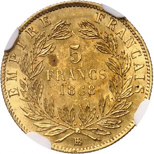 Second Empire / Napoléon III (1852-1870). 5 francs tête laurée 1868, BB, Strasbourg.