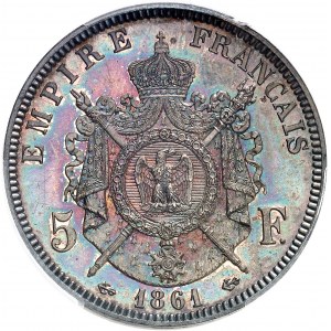 Second Empire / Napoléon III (1852-1870). Essai uniface de revers de 5 francs tête laurée, au double différent ancre, Frappe spéciale (SP) 1861, Paris.