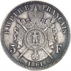 Second Empire / Napoléon III (1852-1870). Essai uniface de revers de 5 francs tête laurée, au double différent ancre, Frappe spéciale (SP) 1861, Paris.
