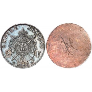 Second Empire / Napoléon III (1852-1870). Paire d’essais unifaces en bronze argenté, de 2 francs tête laurée, au double différent ancre 1862, E, Paris.