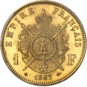 Second Empire / Napoléon III (1852-1870). Épreuve de 1 franc tête laurée en Or, frappe de présentation 1867, A, Paris.