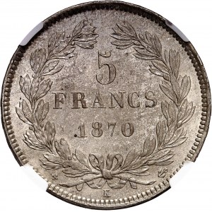 Gouvernement de Défense Nationale (1870-1871). 5 francs Cérès sans légende 1870, K, Bordeaux.