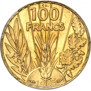 IIIe République (1870-1940). Essai de 100 francs Bazor en cuivre doré, frappe spéciale 1935, Paris.