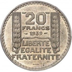 IIIe République (1870-1940). Essai de 20 francs Turin en cupro-nickel, tranche cannelée 1939, Paris.