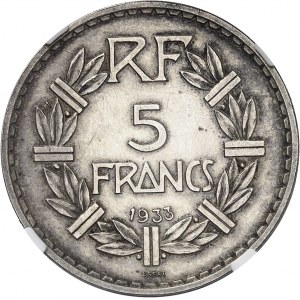 IIIe République (1870-1940). Essai de 5 francs Lavrillier en argent 1933, Paris.