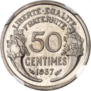 IIIe République (1870-1940). Épreuve de 50 centimes Morlon en maillechort, Flan bruni (PROOF) 1937, Paris.