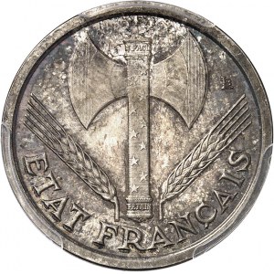 État Français (1940-1944). Essai de 1 franc Bazor sur flan épais (en bronze-aluminium argenté ?) 1942, Paris.