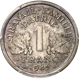 État Français (1940-1944). Essai de 1 franc Bazor sur flan épais (en bronze-aluminium argenté ?) 1942, Paris.
