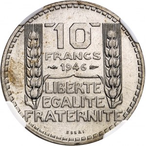 Gouvernement provisoire de la République française (1944-1946). Essai-piéfort de 10 francs Turin, grosse tête 1946, Paris.