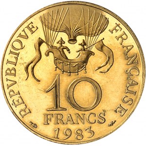 Ve République (1958 à nos jours). Piéfort de 10 francs bicentenaire de la Conquête de l’espace en Or, Flan bruni (PROOF) 1983, Pessac.