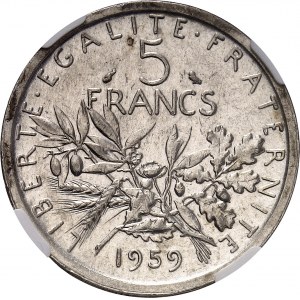 Ve République (1958 à nos jours). Présérie de 5 francs Semeuse en argent 1959, Paris.