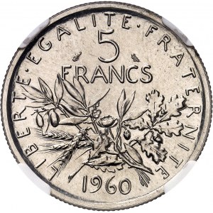 Ve République (1958 à nos jours). Présérie de 5 francs Semeuse en nickel, tranche cannelée 1960 (1967), Paris.