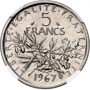 Ve République (1958 à nos jours). Présérie de 5 francs Semeuse en nickel 1967, Paris.