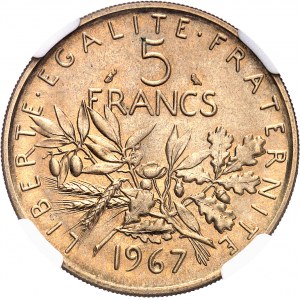 Ve République (1958 à nos jours). Présérie de 5 francs Semeuse en cupro-nickel doré 1967, Paris.