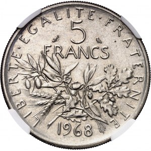 Ve République (1958 à nos jours). Présérie argentée de 5 francs Semeuse en cupro-nickel, flan mat 1968, Paris.