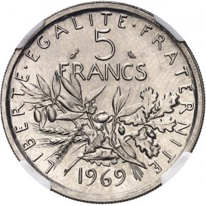 Ve République (1958 à nos jours). Présérie de 5 francs Semeuse en nickel, listels larges 1969, Paris.
