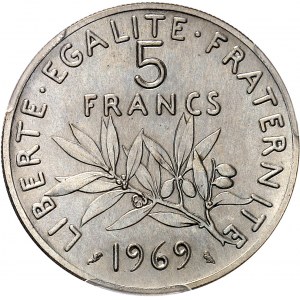 Ve République (1958 à nos jours). Épreuve de 5 francs Semeuse 1969, Paris.