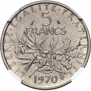 Ve République (1958 à nos jours). Présérie de 5 francs Semeuse en nickel, petit module 1970, Paris.
