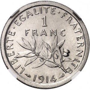 Ve République (1958 à nos jours). Épreuve en nickel de 1 franc Semeuse avec les coins de 1914 1914 (1959), Paris.