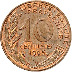 Ve République (1958 à nos jours). Essai de métal de 10 centimes Marianne en acier plaqué cuivre, pour 2 centimes d’euro 1996, Pessac.