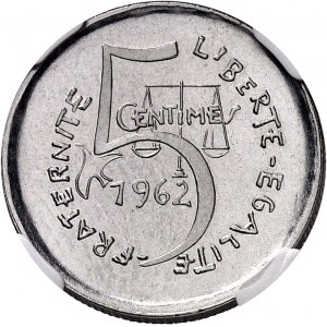 Ve République (1958 à nos jours). Épreuve de 5 centimes, premier projet de R. Joly, petit module 1962, Paris.